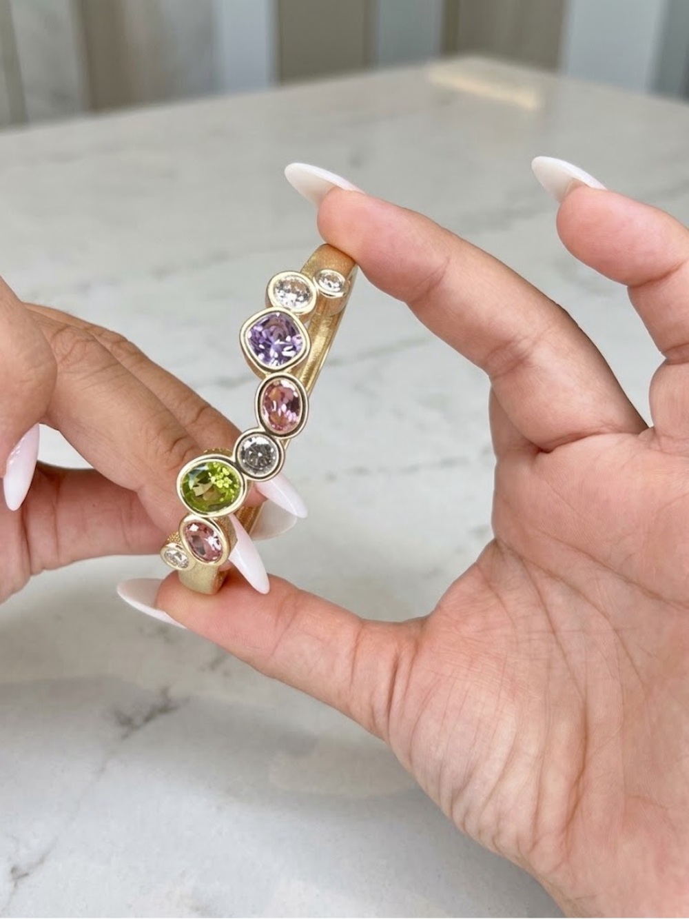 New Matte Gold Multi-Gemstone Bangle Bracelet - Pink, Purple, Green & Clear